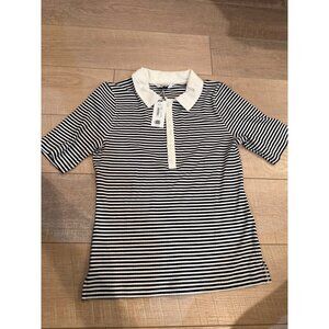 Spanx Womens Striped Rib Polo Top M Black/White Short Sleeve 90% Rayon 10% Elast